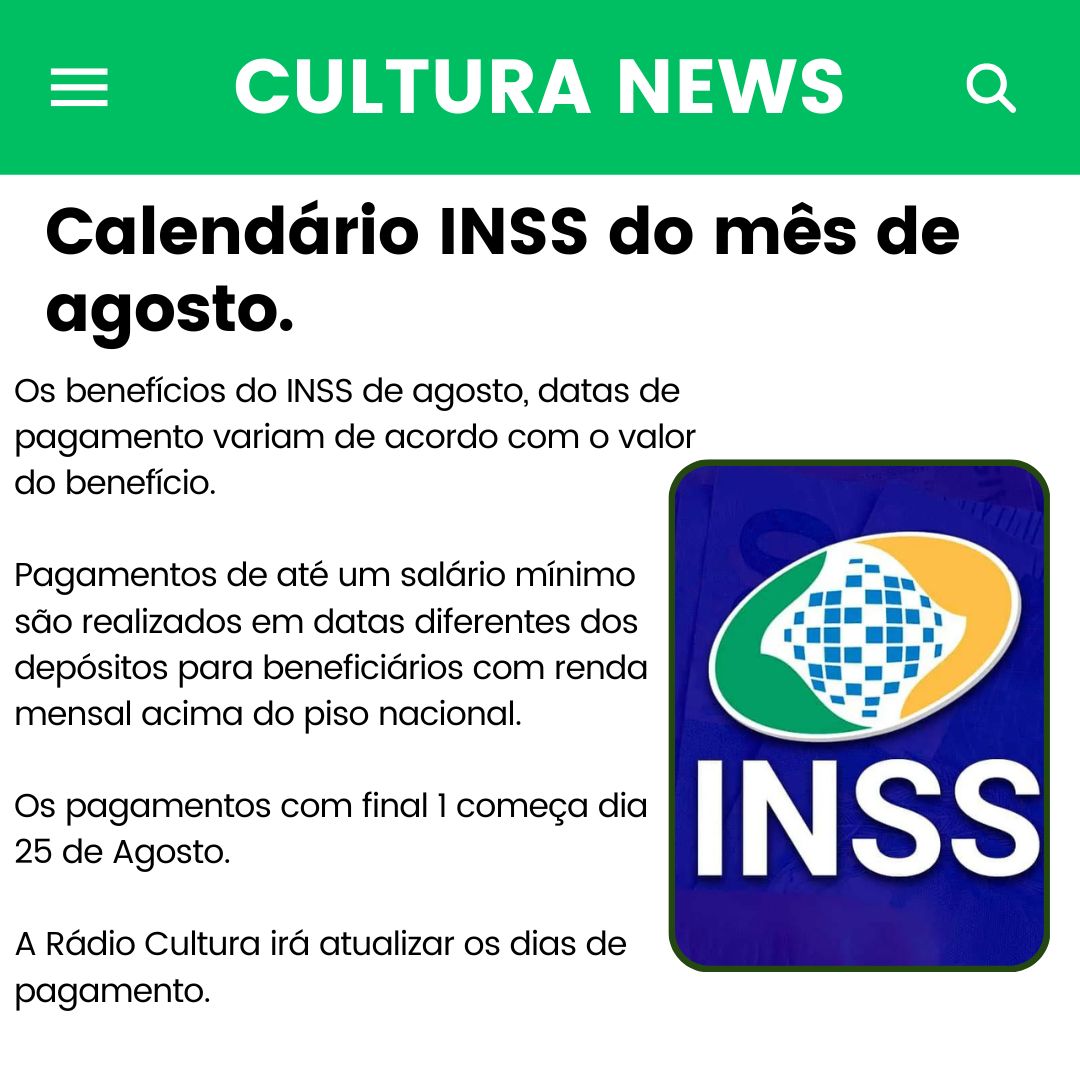 Calendário do INSS de Agosto!!